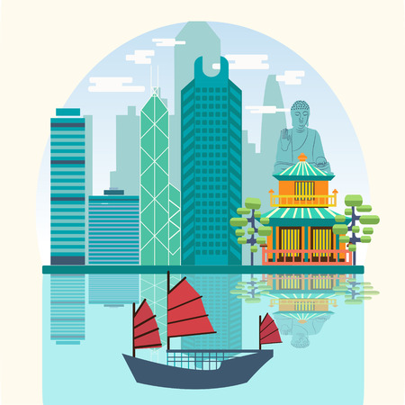 Vector Travel skyline harbour with tourist junk. Attractive Hong Kong travel concept poster design.のイラスト素材