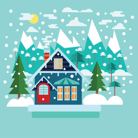 Merry Christmas greeting card design with country landscape in flat modern style. Winter mountain forest landscape.のイラスト素材