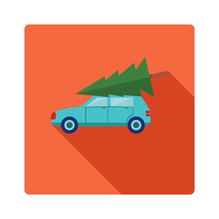 Christmas tree and car icon in flat design style. Vehicle isymbol. Vector illustration.のイラスト素材
