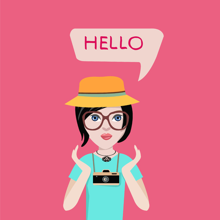 beautiful cute girl with camera saying hello, Vector illustrationのイラスト素材