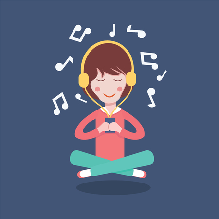 Happy Girl with headphones listening to the music. Vector illustration flat cartoon pretty womanのイラスト素材