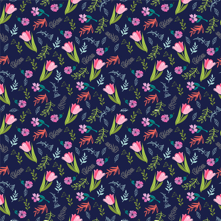 Elegant seamless pattern with tulips and wild flowers, illustrationのイラスト素材