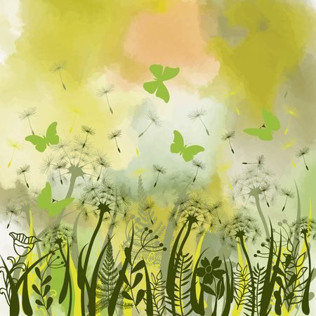 Nature background with green grass, wild herbs,dandelions and butterflies on watercolor backdropのイラスト素材