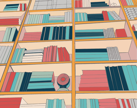 illustration of library bookshelf with book collectionのイラスト素材