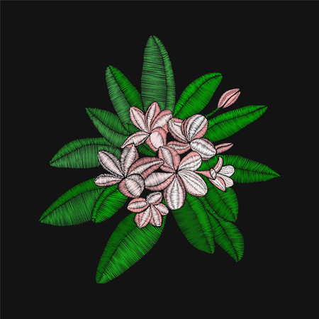 vector embroidery floral pattern with  flowers embroidery Frangipani and leaves, Plumeria on black backgroundのイラスト素材
