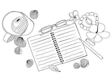 Hand drawn illustration with paper notebook, cup of coffee, glasses, flowers and shells. Top view . Summer vacation  Workplace Isolate on white background.のイラスト素材