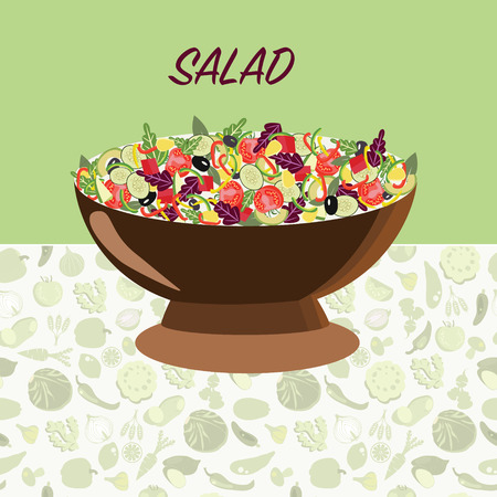 Delicious fresh salad bowl on green background. Fresh, natural, healthy food healthy food, diet flat styleのイラスト素材