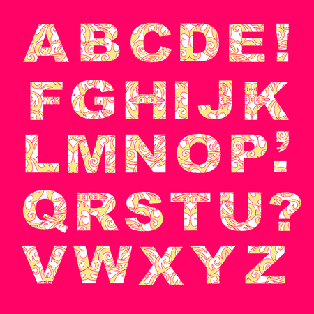 Vector set of ornate capital letters with abstract ethnic, pattern. Alphabet in tribal culture style. Colorful beautiful Set of ABC lettersのイラスト素材