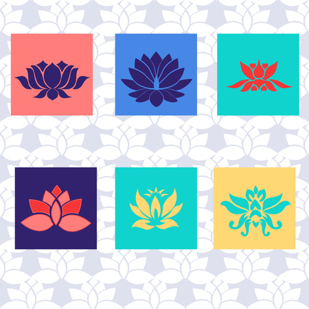 Lotus icon of six types Isolated vector sign symbol. Flat illustration of lotus vector icons Beauty flowers design logo Template.のイラスト素材