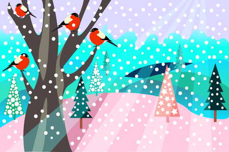 christmas pattern happy holidays winter landscape with firs, tree and birds bullfinch. Merry Christmas collection background. Natural winter texture.のイラスト素材