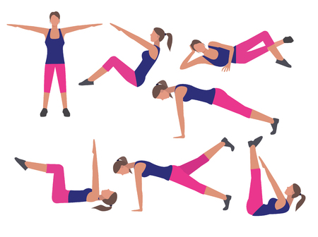 Vector fitness and workout exercise set icons in flat style isolated on white.のイラスト素材