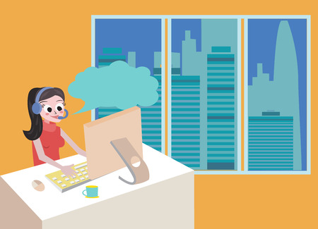 Technical girl support by phone, woman with headset, flat design illustrationのイラスト素材
