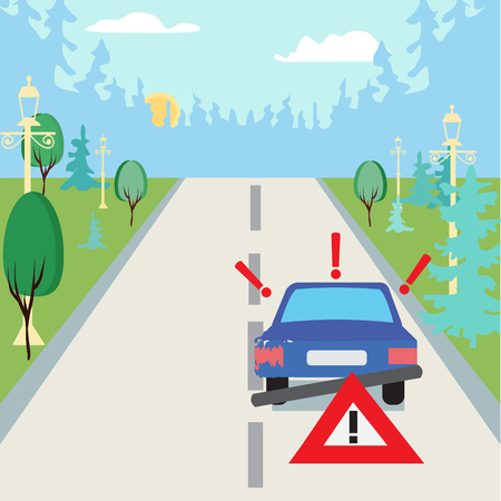 Accident car at suburbs on the road and traffic sign behind. Vehicle sedan car accident after a car accident with the forest as a backdrop.のイラスト素材