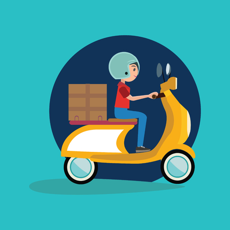 Concept delivery, Delivery Boy Riding Motor Bike Icon, scooter, motorcycle in flat vector illustrationのイラスト素材