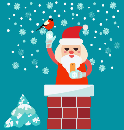 Christmas card with Santa Claus in Chimney  holding smart phone and bullfinchのイラスト素材