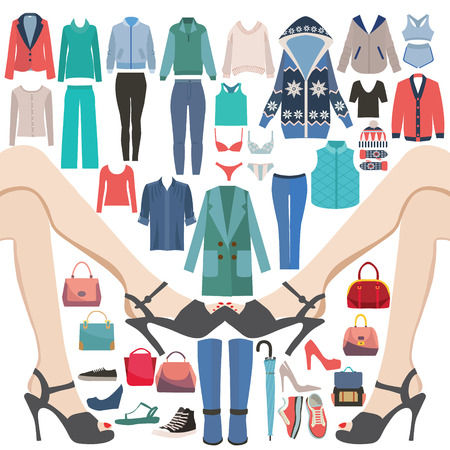 Vector Fashion Woman clothes  Clothes and accessories  icon set. Fashion Collection Of Big sale and shopping.のイラスト素材