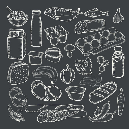 Food doodles collection White chalk on a blackboard. Vector doodle set hand drawn. Organic food set. Different kinds of diary products for menu decoration.のイラスト素材