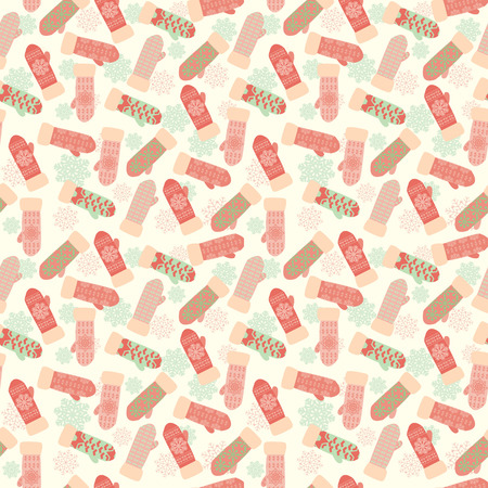 Cute background with mittens and snowflakes. Vector vintage winter pattern knitted mittens -illustration.のイラスト素材