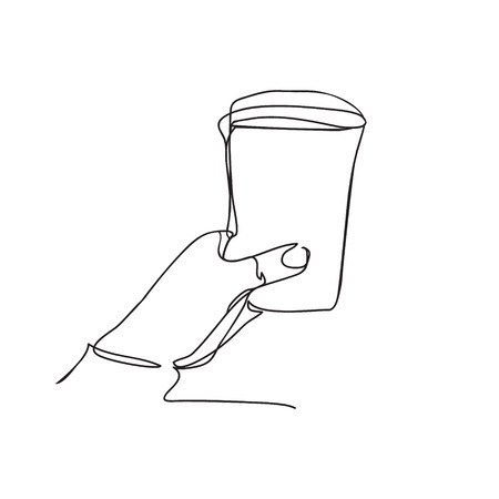 background with hand holding Plastic cup of coffee or tea. Continuous line drawing. Vector illustrationのイラスト素材