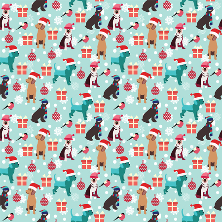 The Chinese New 2018 year of the dog. Christmas background with dogs, gift, bullfinch  and Christmas ball vector background in cartoon style.のイラスト素材