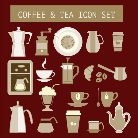Set of vector flat tea and coffee icons for web design のイラスト素材