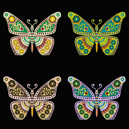 vector set of Embroidery pattern with butterfly on black background for clothing design.  Butterfly Embroidery Ornamental Fashion ornament.のイラスト素材