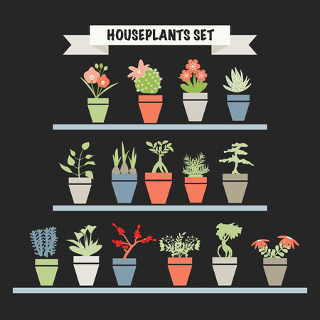 Vector background with Collection colorful silhouette of garden flowers and herbs plants in pot - Illustration in flat style.のイラスト素材