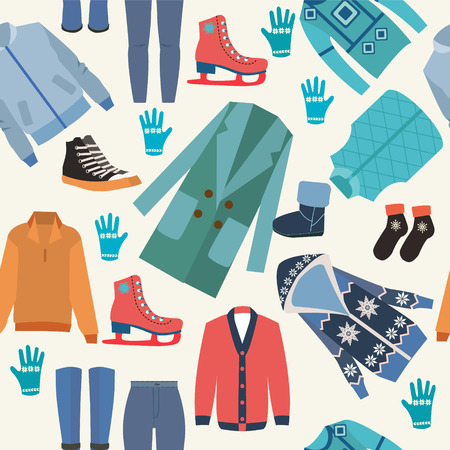 Background with fashion clothes collection of winter sweaters, knitted woolen Winter hat, scarves, socks and mittens vector illustration pattern. のイラスト素材