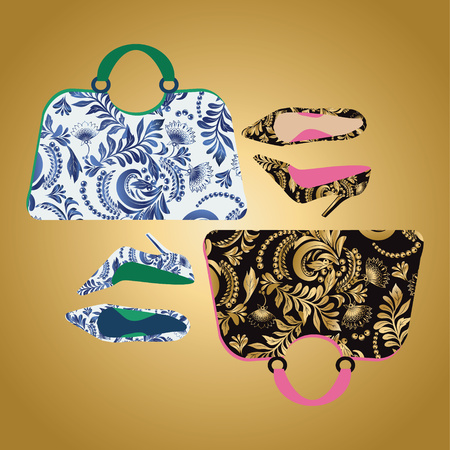 Fashion handbag with high heel shoes textured floral pattern background vector illustration Shopping Posterのイラスト素材