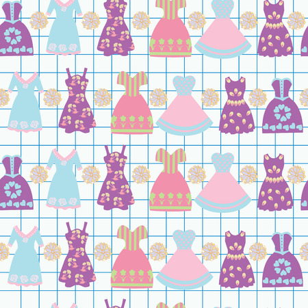 Vector illustration background with various women's clothing fashion dresses. Graphic hand-drawn sketches cute of dresses seamless pattern for decor, craft, paperのイラスト素材