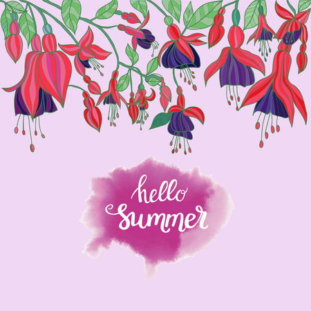 Flowers fuchsia on pink background and hello summer lettering for poster or invitation card. のイラスト素材