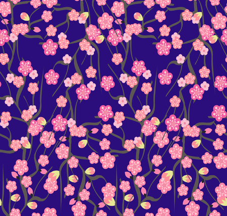 Cherry blossoms with the branches pattern on a violet background. Seamless pattern with Blooming Sakura or cherry . Vector illustration with cherry blossoms.のイラスト素材
