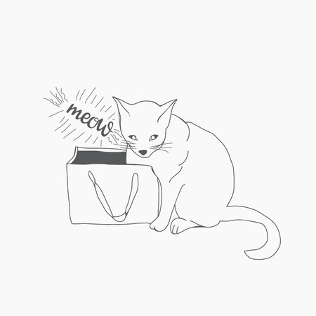 Vector sketch with cute cat and paper bag. Hand drawn sketch of black illustration and meow lettering.のイラスト素材