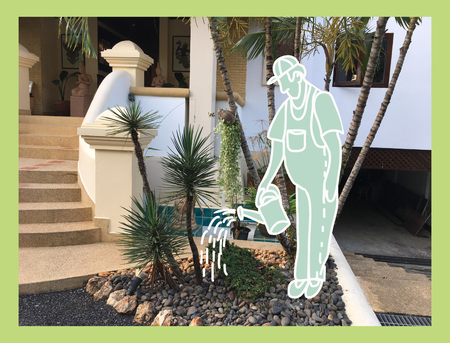  Illustration of watering Man in garden backyard, growth and gardening concept.の写真素材