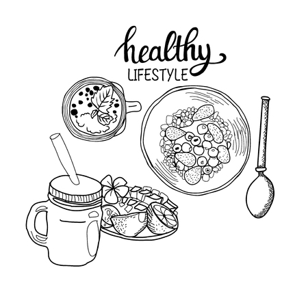 Healthy lifestyle concept with cereal, a bowl, spoon and smoothie.のイラスト素材
