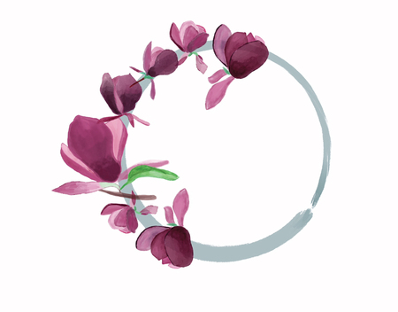 Watercolor illustration of tropical beautiful magnolia border frame template on white background with place for text.の写真素材