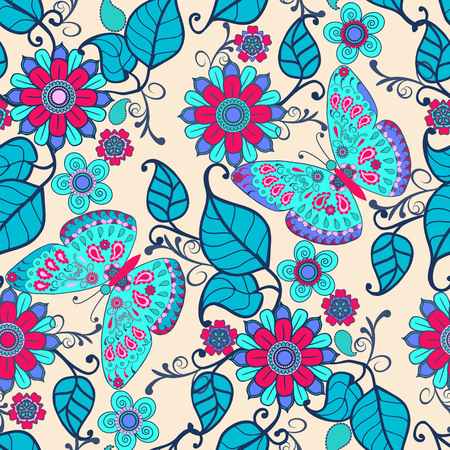 Cute Decorative hand drawn background with floral ornament and butterflies. Vintage seamless pattern spring garden flowersのイラスト素材