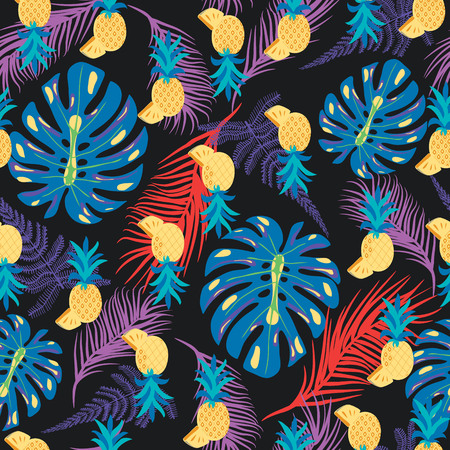 Tropical background with pineapples, palm leaves, jungle leaf, monstera seamless vector patternのイラスト素材