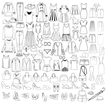 Vector Hand drawn big collection of woman clothes and accessories icons, design elements doodle thin line style.のイラスト素材