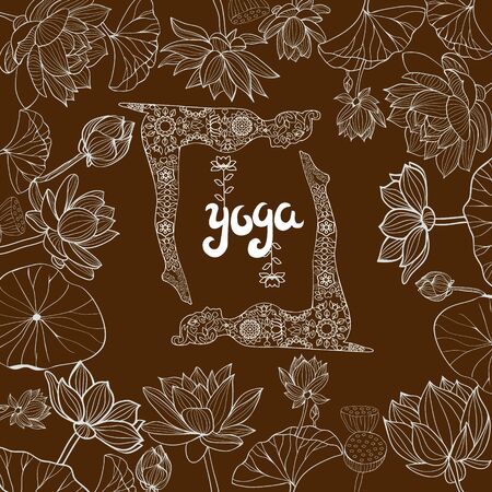 Vector hand drawn floral frame of Lotuses flowers and llustration with Yoga Poses. Yoga and meditation concept background with text yoga.のイラスト素材