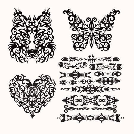 tribal set with heart, wolf, butterfly and  ethnic styles elements for your design, textiles, posters, henna, tattoo.のイラスト素材