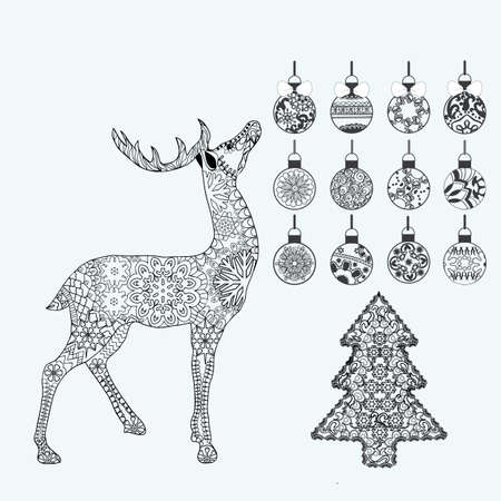 Christmas hand drawn elements for xmas design. Winter holiday set decoration with New Year tree, reindeers and Christmas balls on white background. Antistress sketch drawing with doodleのイラスト素材