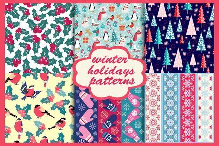 Vector hand drawn Set of winter holiday seamless patterns. Merry Christmas and Happy New Year. background.  Seamless pattern Fashion design for textile, wallpaper, fabric.のイラスト素材