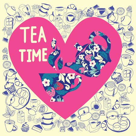 Vector hand drawn collection in heart shape with Doodle tea time elements. Teapots, cups, cupcakes and sweets. Can use for pattern, template, banner, posters, invitation and greeting card design.のイラスト素材