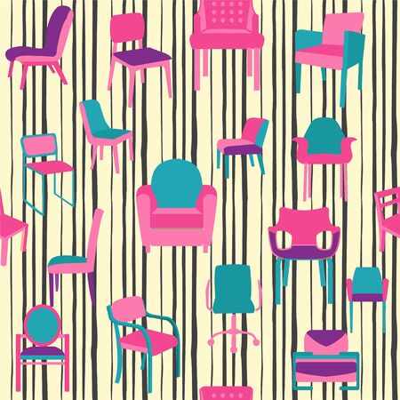 Vector seamless pattern with different kinds of chairs in flat style. Background can to use in animation, illustration, scene, cartoon, interior designのイラスト素材