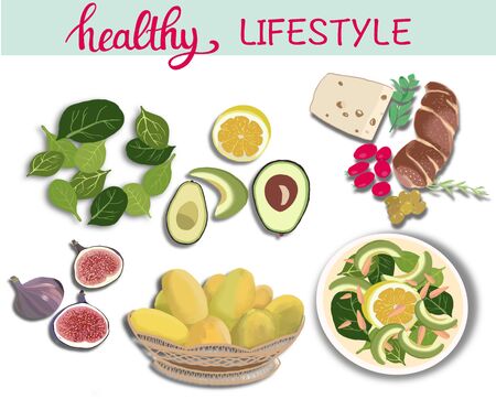  Hand drawn illustration with set of fresh healthy food. Set of healthy food healthy lifestyle concept.の写真素材