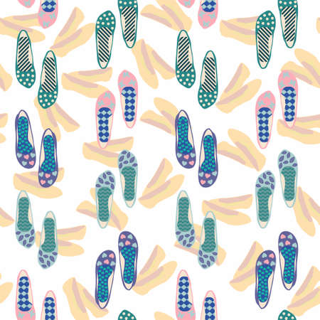 Seamless vector pattern of hand drawn shoes Flat design Summer. Background of women beautiful fashionable ballet shoes. のイラスト素材