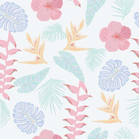 Hand drawn natural Tropical jungle leaves and flowers pattern texture. Vector seamless Fashionable floral wallpaper in pastel colors.のイラスト素材