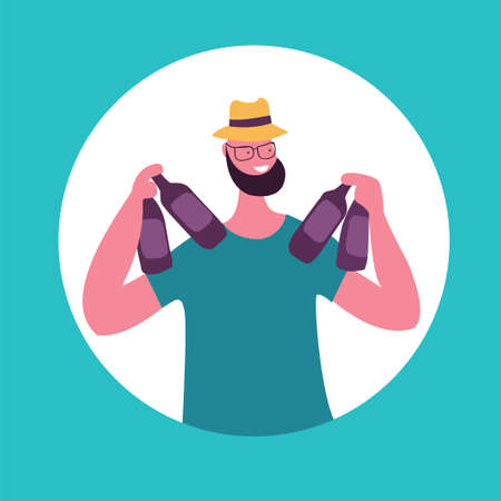 Smiling young man holding the beer bottles. Vector illustration in flat styleのイラスト素材