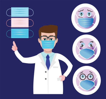 Round Face, Emoji set wearing a protective surgical mask and Doctor wearing a medical mask and pointing to it with her finger, healthcare concept.のイラスト素材